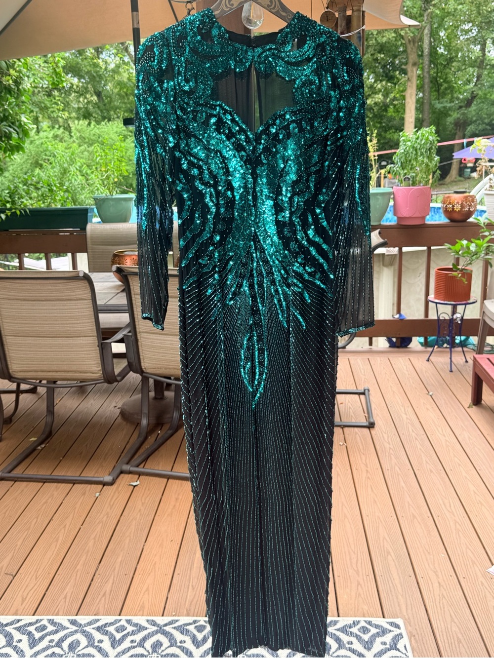 Niteline Vintage Teal Green Sequin Long Sleeve Evening Gown